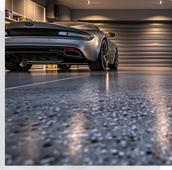 Luxury garage with high-performance car on coated floor