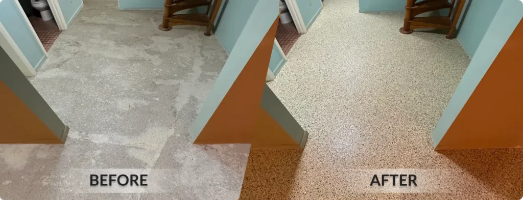 Before and after of basement floor with coating by Royal Concrete Coatings